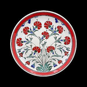 Kırmızı Karanfil Desenli Geleneksel İznik Çini Tabak