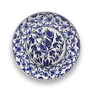 Lale ve Karanfil Desenli Bleu Blanc Çini Tabak